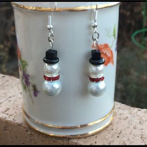 White Glass Pearl Snowman Dangle Earrings